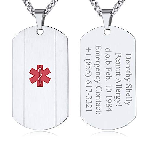Custom4U Medical Alert Necklace for Women Men Personalized Stainless steel Medical ID Tag Tag with Name Engraved 5.1 Silver