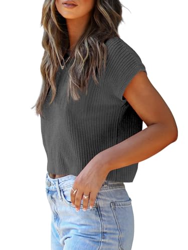 Image of LCXWFE Womens Summer Cropped Sweater Vest Trendy Cap Sleeve Crop Tops Crew Neck Loose Knit Tank Top