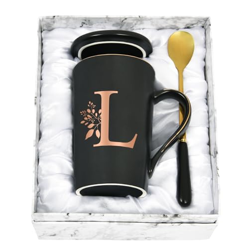Joymaking Taza personalizada con letras taza de café con motivo de flores, nombre inicial regalos personales taza de café para mujeres novia, L - 400 ml negro