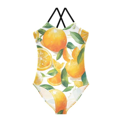 KLL Watercolor Orange Fruit Leaves Girls' 1-Piece Bathing Suit Summer Swimming Suits Adjustable Strap Quick-Dry