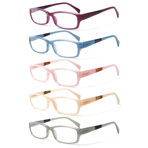 Image of Kerecsen Reading Glasses 5 Pairs Fashion Ladies Readers Spring Hinge with Pattern Print Eyeglasses for Women (Mix Color -9, 4.00)