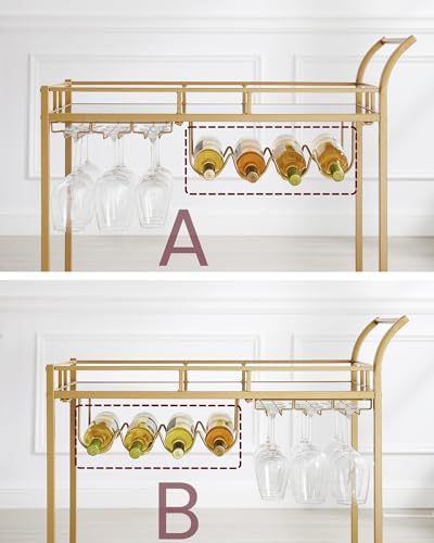 فاساجيل عربة مشروبات بلون ذهبي، عربة تقديم مع رفين مرآة، حامل نبيذ، حامل زجاج، للبار المنزلي، المطبخ، غرفة الطعام، ذهبي، LRC090A03