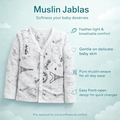 Image of Set of 100% Pure & Organic Muslin Unisex Full Sleeves Jhabla T-Shirt Cum Bundi | White Assorted Prints