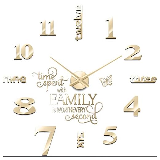Junkin 3D Large Frameless DIY Wall Clock Modern Decor Family Quote Wall Stickers Clock Kit for Home Living Room Bedroom Office Decorations Adjustable Size(Gold)