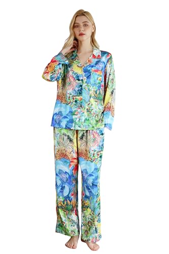 Image of YiNi LuLu Womens Silk Satin Pajamas Set Button Down 2 Piece Pjs Long Sleeve Oversized Sleepwear with Pockets