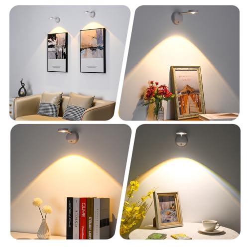 Image of XPESUVC Motion Sensor Wall Light Rechargeable LED Spotlight Flexible Rotate Bedside Reading Lamps with 3 Color Temperature for Picture, Mirror, Hallway (White, 1 Pack(with Remote Control))