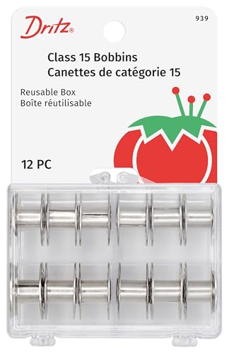 Dritz 939 Bobbins, Class 15, Metal, Includes Reusable Storage Box, (12-Count)