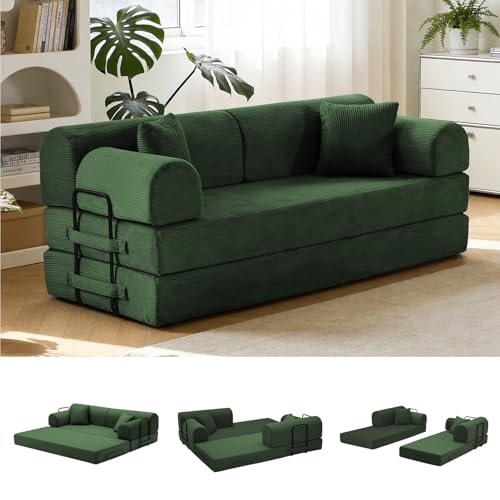 Image of 79'' Convertible Sofa Bed, 6 in 1 Folding Floor Futon Couch Sleeper with Fixed Frame, Corduroy Modular Sofa Bed with Removable Armrests & Pillows, No Assembly for Living Room Bedroom (Green)