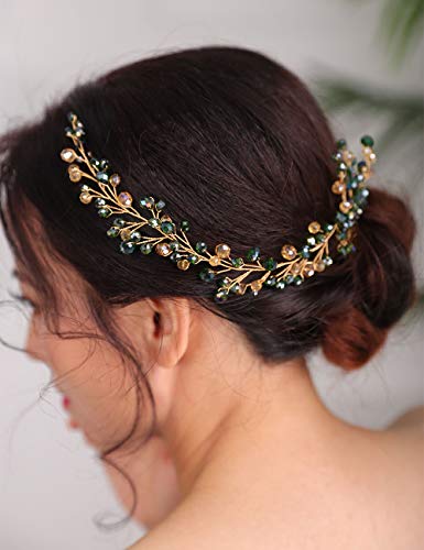 Deniferymakeup Emerald Hair Comb Crystal Golden hair Comb Green Comb Gold Headpiece Wedding Hair Accessory Rhinestone Bride Comb Prom Bridesmaid Hair Piece (Gold)