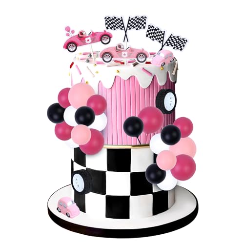  Cheereveal Decorazioni per torte di compleanno per ragazze con auto da corsa e ruote da corsa, decorazione per torta a forma di palla da dessert, vintage a tema auto da corsa per compleanno, baby
