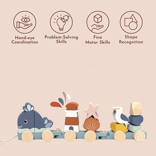 Image of SPEEDY MONKEY Ocean Train Stacker for Toddlers 12m+ | Wooden 15 Piece Stacking & Sorting Toy | Seaside-Themed Train Pull Along for Walking & Crawling | Fine Motor & Early Learning Gift for Kids