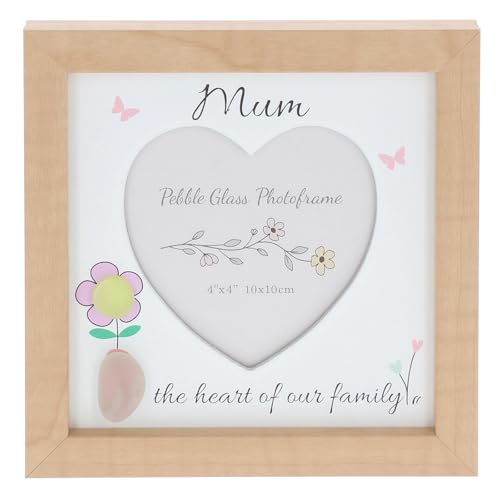 Image of Shudehill Giftware Pebble Glass Mum Heart Photo Frame, Natural Wood, 4x4 Inch, the Heart of Our Family, Decorative Keepsake with Butterfly and Flower Design