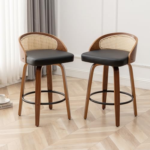 Image of 24.8 inch Swivel Rattan Bar Stools Set of 2,Mid-Century Modern Black Faux Leather Upholstered Counter Height Stools,Kitchen Island Barstool with Rattan Low Backrest,Walnut Wood Finish Bar Chairs