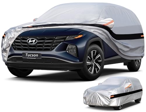 Image of Holhtly Car Cover Custom Fit for Hyundai Tucson, Car Covers for Automobiles All Weather Waterproof Sun Snow Rain Wind Dust Protection, Outdoor Car Cover Gray & Black