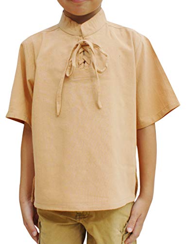 Image of Childrens Chinese Collar Renaissance Tie Chest Short Sleeve Cotton Shirt