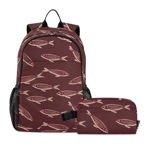 KLL Bold Line Animal Fish Maroon Backpack With Lunch Box For Boys Boys Backpacks And Lunch Box 9-10 years