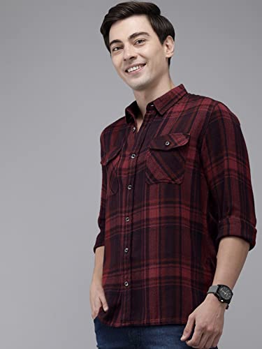 Image of THE BEAR HOUSE Men's Cotton Heavy Weight Maroon Tartan Checked Flannel Casual Shirt | L |TBH-Ursus-MR-L |