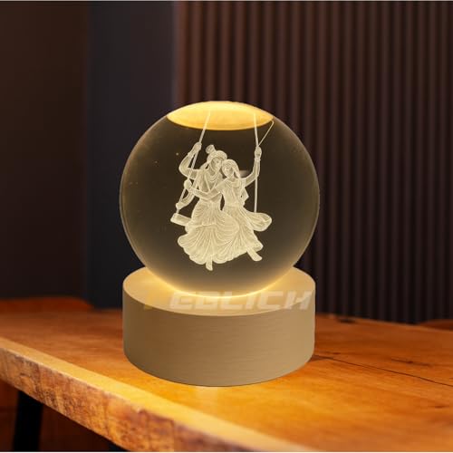 Image of 3D Radha Krishna Swing Crystal Ball Night Lamp - Radha Krishna Idol For Gift, LED Crystal Ball Night Light With Wooden Base, Spiritual Decorative Lamp For Bedroom, Temple Decor & Festival Gift