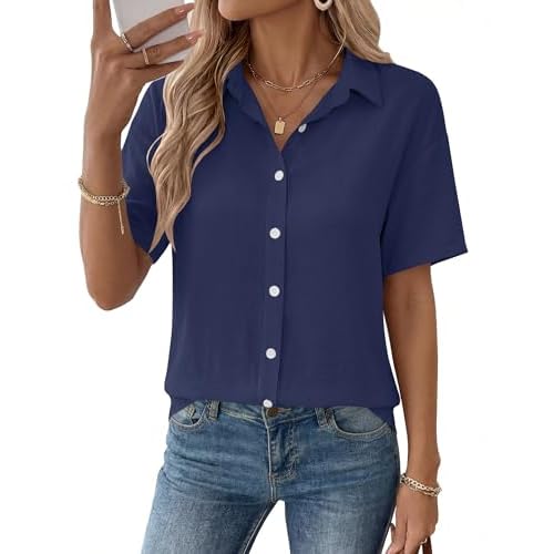Rapbin Womens Short Sleeve Button Down Shirts Casual V Neck Collared Blouses Work Tops