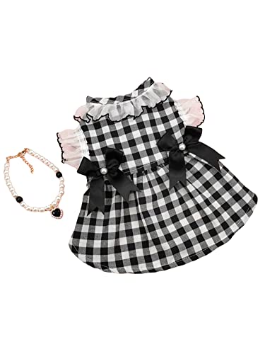 Qwinee 2 Piece Plaid Puppy Dress With Faux Pearl Necklace Set Lace Dog Princess Dress Cute Pet Clothes For Small Medium Girl Dogs Cats Kitten Multicolor M #TOP25