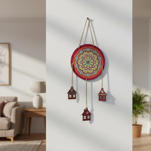 Image of DECORIQUE Mandala Wall Hanging with Wooden House Charms Multicolour Decorative Wall Art for Living Room Bedroom Door Home Decor Gift Hanging Accent