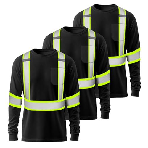 JOYYANGFANG 3pcs Safety Reflective High Visibility Shirts for Men Class 3 Hi Vis Construction Work T Shirts L Black