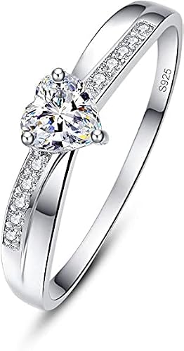 Image of AVECON Promise Rings for Her 925 Sterling Silver Womens Heart Cut Cubic Zirconia Eternity Wedding Solitaire Engagement Ring Size P 1/2