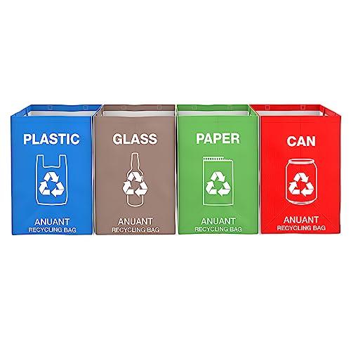Anuant Separate Recycling Waste Bin Bags For Kitchen Office In Home - Recycle Garbage Trash Sorting Bins Organizer Waterproof Baskets Compartment Container Big Size 4 Bags Set #TOP1