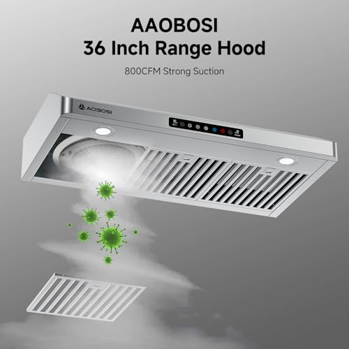 AAOBOSI Range Hood 36 inch Under Cabinet, 800-CFM Gesture Sensing/Touch Control,3 Speed Range Hood with LED Lights Exhaust Fan, Stainless Steel Kitchen Vent Hood - Thumbnail 2