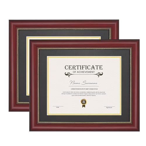 JackMa Diploma Frame | Certificate Frame with HD Tempered Glass, Display 8.5 x 11 with Black Over Gold Double Mat or 11x14 Document without Mat, Tabletop & Wall Mount (set of 2), Mahogany