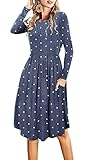 Womens Fall Long Sleeve Pocket Midi Knee Length Teacher Work Casual Dress Blue L