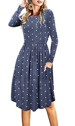 Womens Fall Long Sleeve Pocket Midi Knee Length Teacher Work Casual Dress Blue L #TOP20