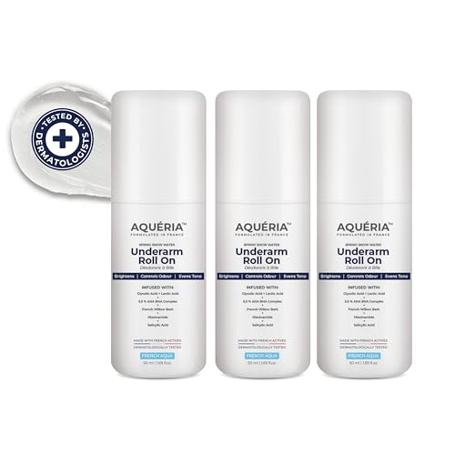 Image of Aqueria 5.5% AHA BHA French Underarm Brightening Roll On | 48H Odour Control | Aqua Fragrance with 2% Niacinamide | Multi Actives, Glycolic Acid, Lactic Acid | Prevents Odor, Kills Bacteria | Exfoliates, Reduces Pigmentation & Discoloration for Even-Toned Underarms | Brightens Skin & Exfoliates Underarm | Alcohol & Aluminium Free | Deodorant for Men & Women | Pack of 3 (150ml)