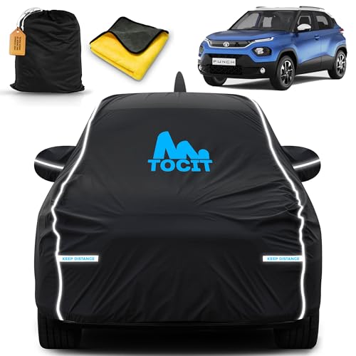 Image of Punch Waterproof Long Life Car Cover with Safety Glow Reflective Strap, Premium Stretchable Velvet Velour Fabric, Machine Washable, Tri-Stitch Custom Fit with Mirror & Antenna Pocket