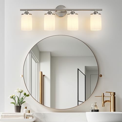 Image of Jonsi Nickel Bathroom Light Fixtures 4-Light Vanity Lights Modern Wall Sconce with Milk White Shade Brushed Nickel Bathroom Light Fixture Over Mirror for Bedroom Hallway Kitchen