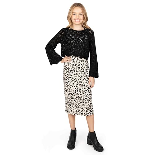 Speechless Girls' 2-Piece Crochet Long Sleeve Sweater Top and Midi Dress