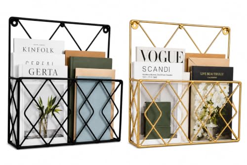 Image of Hanging File & Magazine Holder - Wall Mounted Metal Organizer for Newspapers, Documents & Office Storage | Decorative Black Wall Rack for Home & Workspace (Black+Golden)
