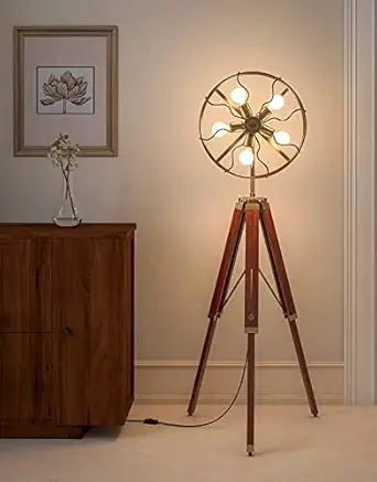 Nautical Gallery Wooden Brown and Brass Antique Gold 5ft Height Adjustable Tripod Floor Lamp Standing with Moveable Wheel Fan LightWooden Reading Lights for Kids, Bedroom, Living Room (Brown)