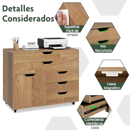 COSTWAY Mueble Archivador de Madera con 5 Ruedas Universales, Cómoda de 5 Cajones con Puerta, Soporte de Impresora, Moderno Gabinete de Almacenaje Vertical Salon Estudio, Oficina (Natural) - imagen 2