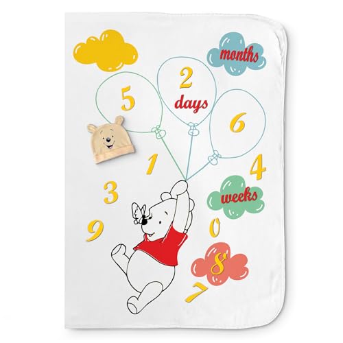 Image of babyly Baby Milestone Blanket with Growth Chart, Hat, and Frames - Perfect for Capturing Memories with Disney's Theme - Unisex 40"x60" Blanket for Baby Girl and Boy (Winny The Pooh)