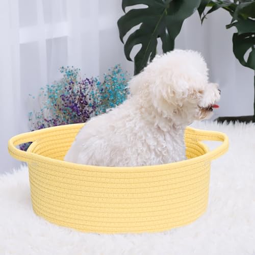 Image of ABenkle Small Basket with Handles, Boho Decorative Rope Woven Dog Cat Toy Storage Bin Shelf Storage Organizer, Easter Christmas Gift Basket, 12 inchx8 inchx5 inch