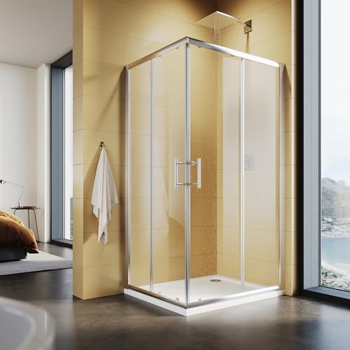 SUNXURY Cabina de ducha de entrada en esquina 70x100cm con puerta doble corredera, mampara de ducha con puertas correderas colgantes de 5mm de vidrio templado de seguridad de color plateado, marco de