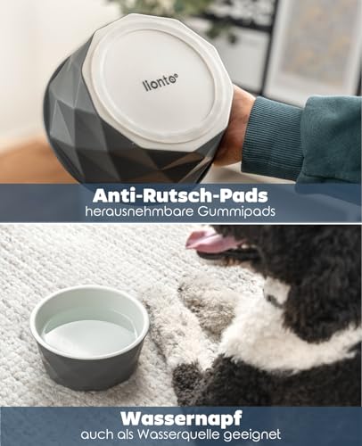 lionto Futternapf aus Keramik mit rutschfestem Silkonboden, 1100 ml, Hundenapf aus robustem & geruchsneutralem Material, leicht zu reinigen, ergonomisches Design, Wassernapf für Hunde&Katzen, grau