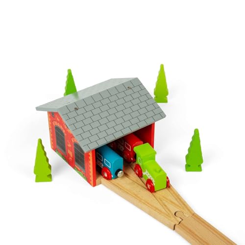 Bigjigs Rail Double Engine Wooden Shed | Red Model Garage for Parking Train Toy | Accessories for Wood Railway Track Expansion | Ideal as Gifts for Kids Age 3+| Educational Tool for Young Children