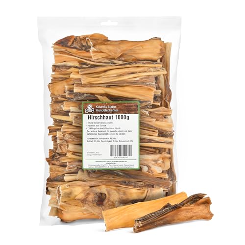 Kaureks Natur Hundeleckerlies, Hirschhaut 1 Kg ca. 15 cm, natürliche Zahnpflege für Hunde, wie Pferdekopfhaut, Rinderkopfhaut