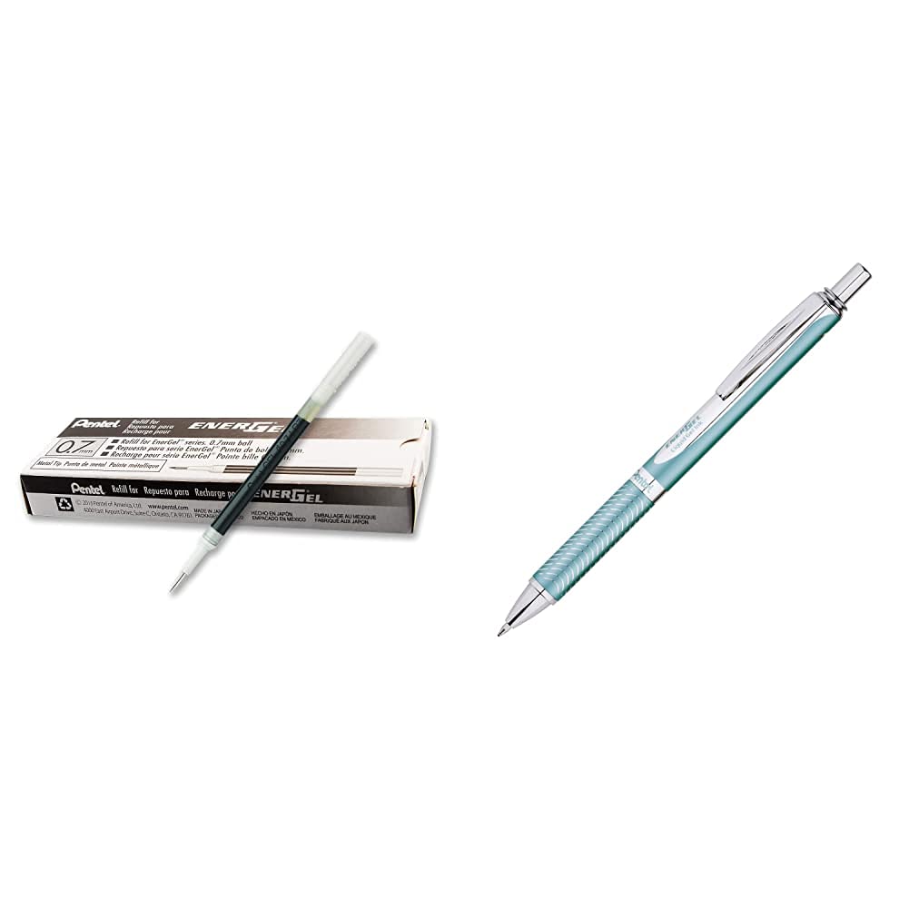PentelEnerGel Liquid Gel Pen Refills (LR7-A-12) and EnerGelTM Alloy RT Gel Pen, 0.7mm, Turquoise Barrel, Black Ink Bundle