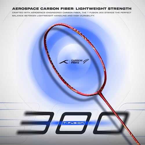 Image of Hundred T-Fusion 300 Unstrung Badminton Racket with Full Cover | 83 Grams | Maximum Tension ≤32 to 34 lbs (Red)