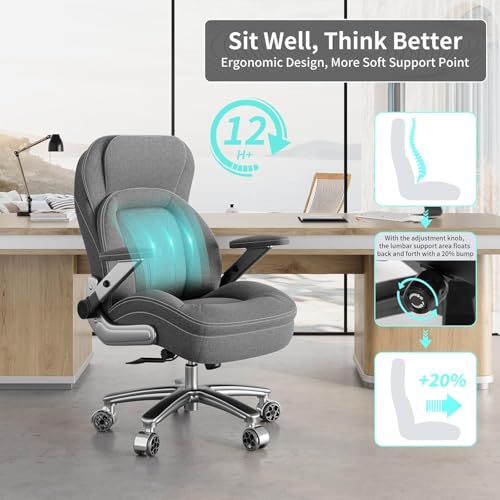 Image of Big and Tall Office Chair, 600lbs Heavy Duty Desk Chair with 5D Arms, Adjustable Lumbar Support & Height, Tilt Function, Fabric High Back Ergonomic Executive Computer Chair with 3'' Casters