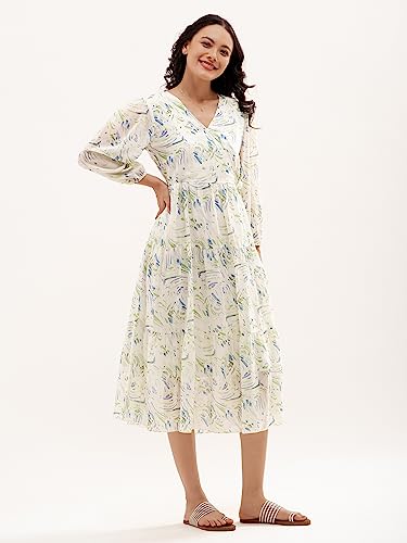Image of AASK Abstract Printed Puff Sleeve Gathered Detailed Fit Flare Dress