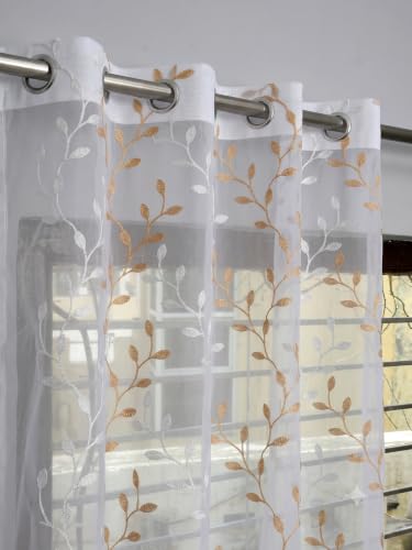Image of Fabrilia Sheer Tissue Embroidery Curtain for Living Room, Bedroom & Dining Area | Leaf Vine Pattern Net Eyelet Curtain | White with Gold Touch Design | 5 feet Long Set of 2 Curtain